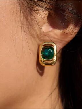 Large 18K Gold Plated Earrings with Lab Emerald Green Stone